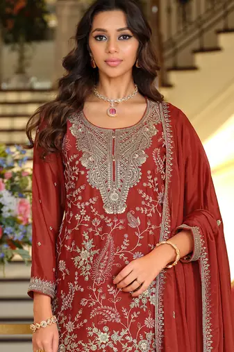 Rust silk blend embroidered kurta trouser dupatta set