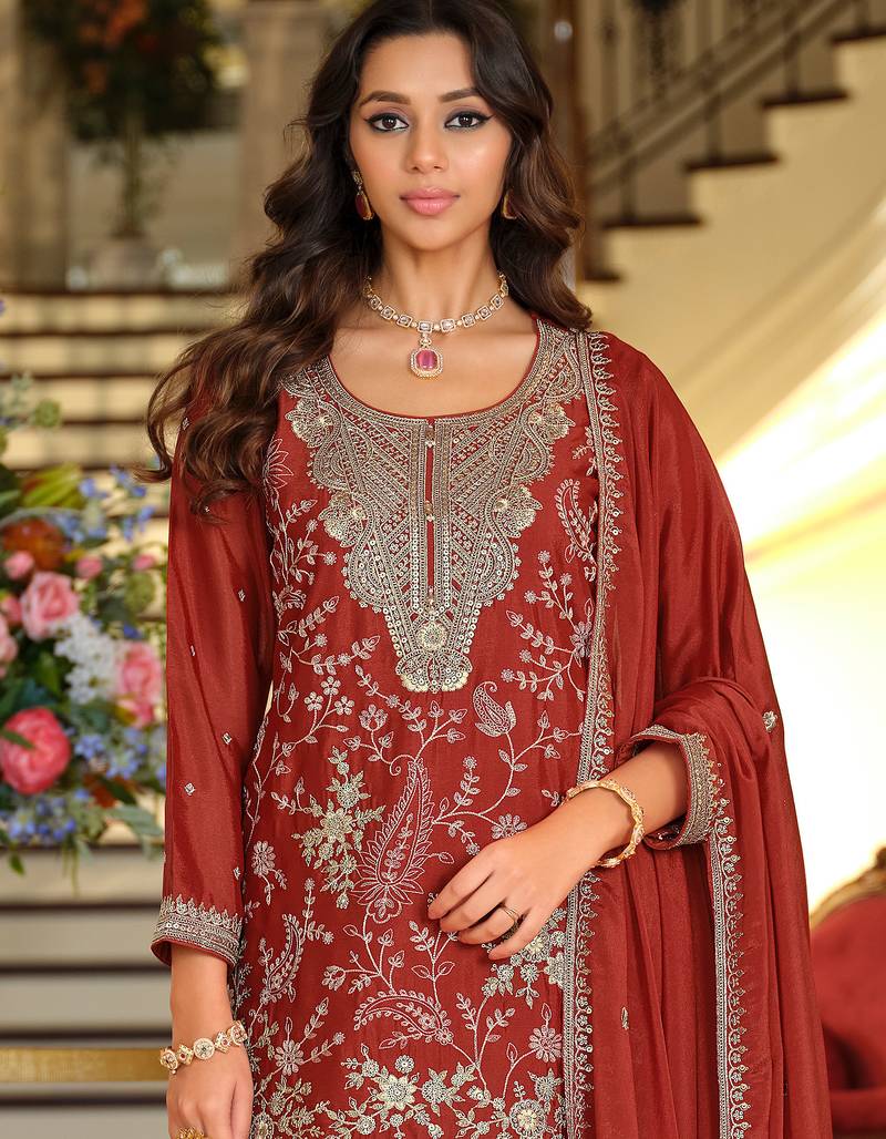 Rust silk blend embroidered kurta trouser dupatta set