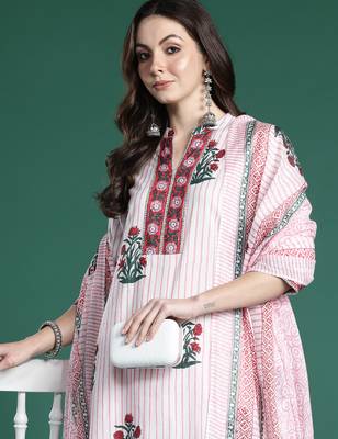 Pink pure cotton printed kurta trouser dupatta set 1
