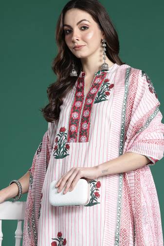 Pink pure cotton printed kurta trouser dupatta set