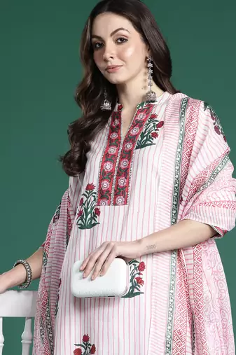 Pink pure cotton printed kurta trouser dupatta set