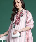 Pink pure cotton printed kurta trouser dupatta set