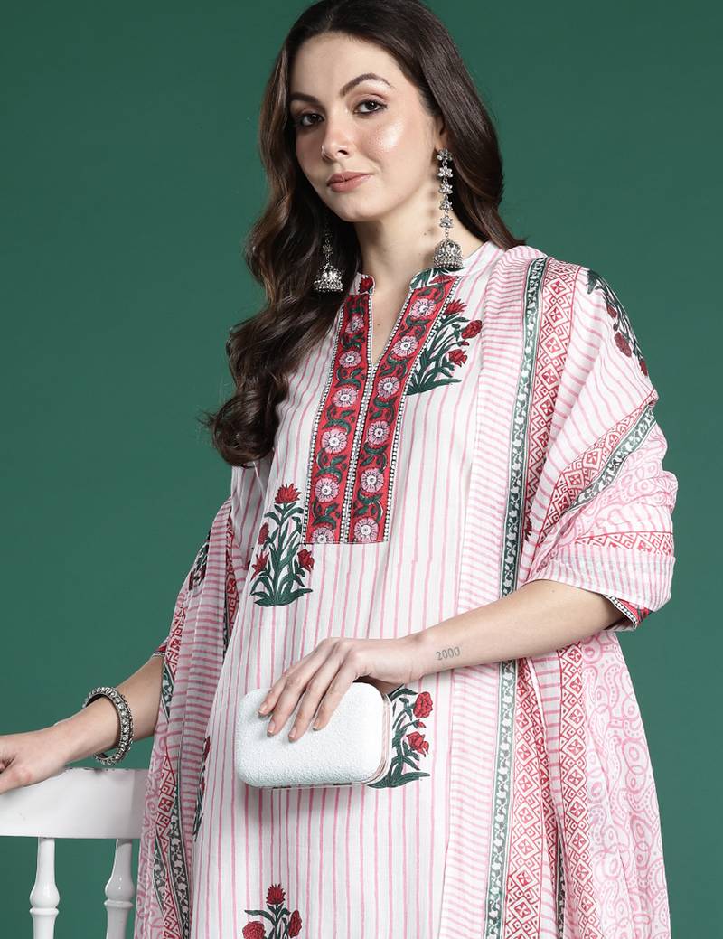 Pink pure cotton printed kurta trouser dupatta set
