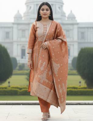 Rust silk blend printed kurta trouser dupatta set 4
