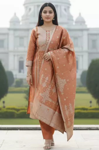 Rust silk blend printed kurta trouser dupatta set