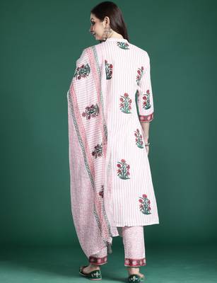 Pink pure cotton printed kurta trouser dupatta set 2