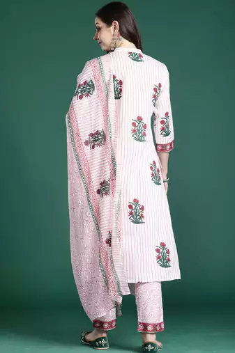Pink pure cotton printed kurta trouser dupatta set