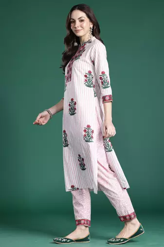 Pink pure cotton printed kurta trouser dupatta set