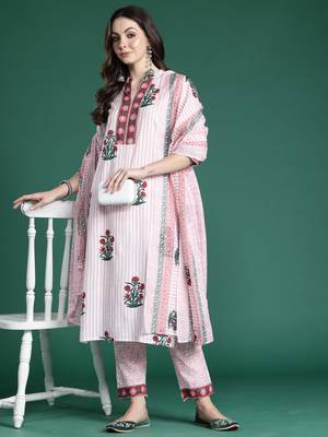 Pink pure cotton printed kurta trouser dupatta set 4