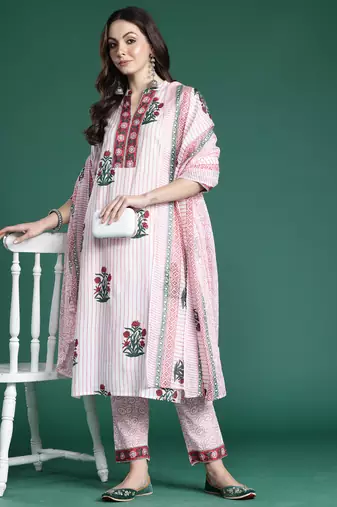 Pink pure cotton printed kurta trouser dupatta set