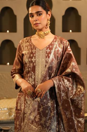 Brown silk blend printed kurta trouser dupatta set