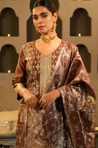 Brown silk blend printed kurta trouser dupatta set