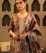 Brown silk blend printed kurta trouser dupatta set