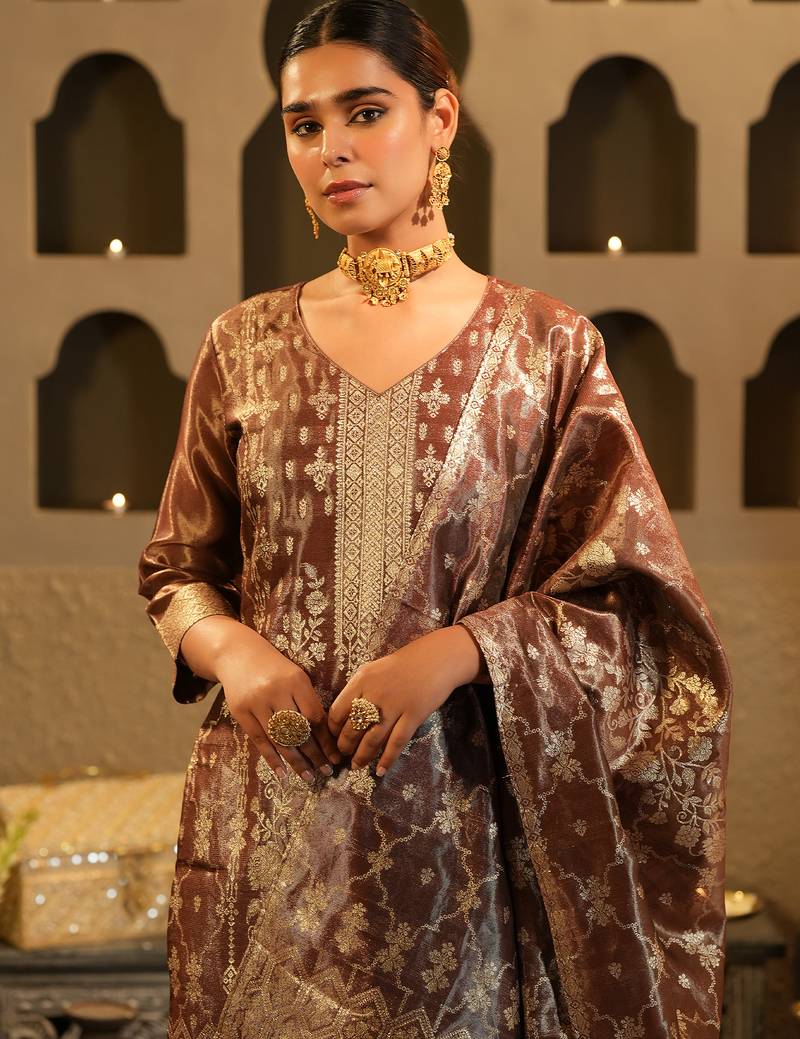 Brown silk blend printed kurta trouser dupatta set