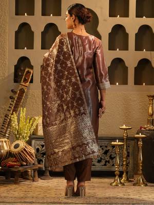 Brown silk blend printed kurta trouser dupatta set 2