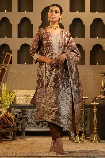 Brown silk blend printed kurta trouser dupatta set