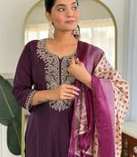 Burgundy silk blend embroidered kurta trouser dupatta set