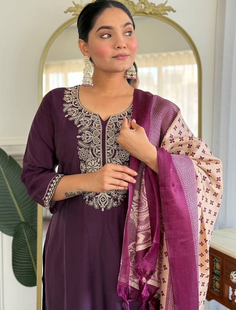 Burgundy silk blend embroidered kurta trouser dupatta set
