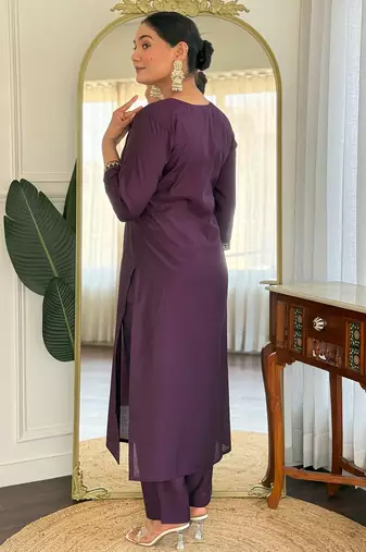 Burgundy silk blend embroidered kurta trouser dupatta set