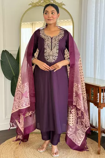 Burgundy silk blend embroidered kurta trouser dupatta set