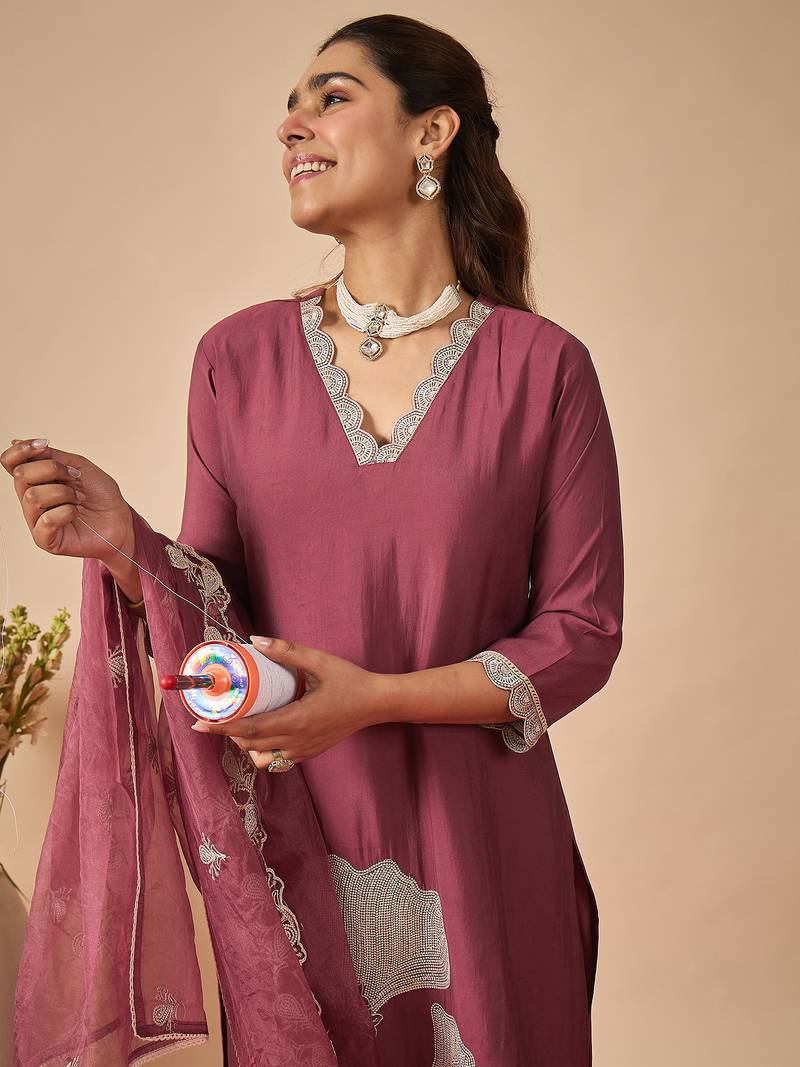 Mauve silk blend embroidered kurta trouser dupatta set