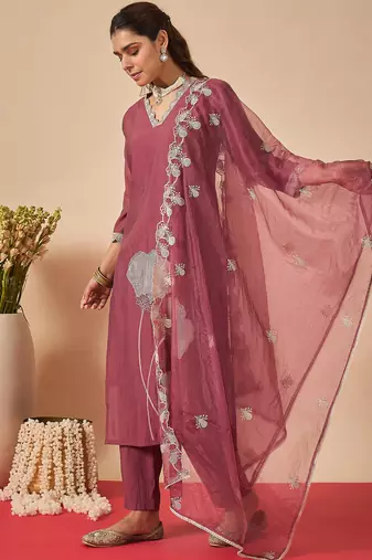 Mauve silk blend embroidered kurta trouser dupatta set