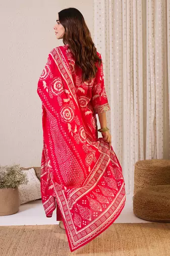 Pink chanderi silk printed kurta trouser dupatta set