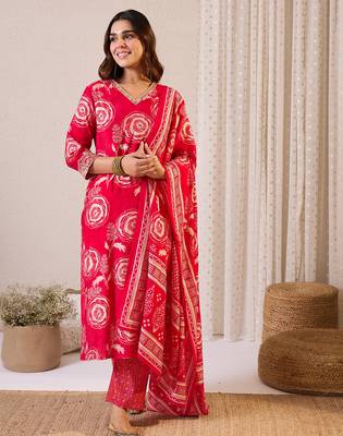 Pink chanderi silk printed kurta trouser dupatta set 4