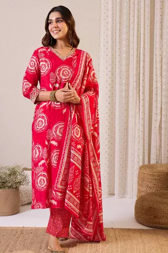 Pink chanderi silk printed kurta trouser dupatta set