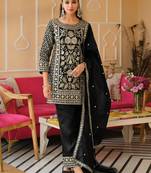 Black silk blend embroidered kurta trouser dupatta set