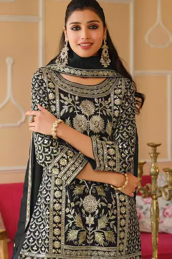 Black silk blend embroidered kurta trouser dupatta set