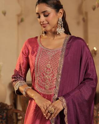 Purple silk blend embroidered kurta trouser dupatta set 2