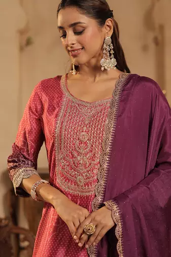 Purple silk blend embroidered kurta trouser dupatta set