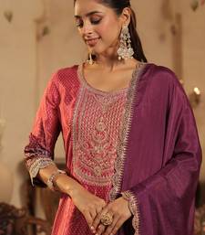Purple silk blend embroidered kurta trouser dupatta set
