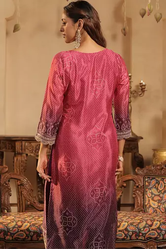 Purple silk blend embroidered kurta trouser dupatta set