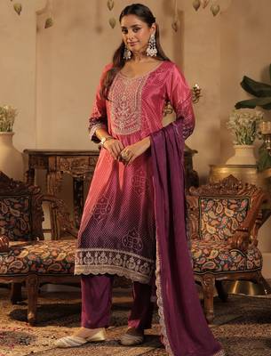Purple silk blend embroidered kurta trouser dupatta set 1