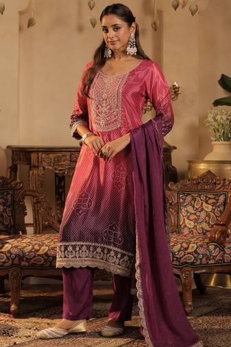 Purple silk blend embroidered kurta trouser dupatta set