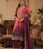 Purple silk blend embroidered kurta trouser dupatta set