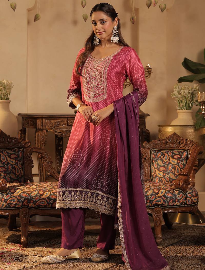 Purple silk blend embroidered kurta trouser dupatta set