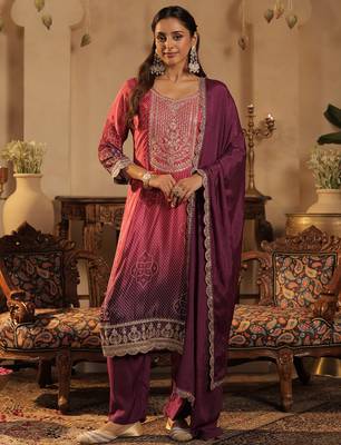 Purple silk blend embroidered kurta trouser dupatta set 4