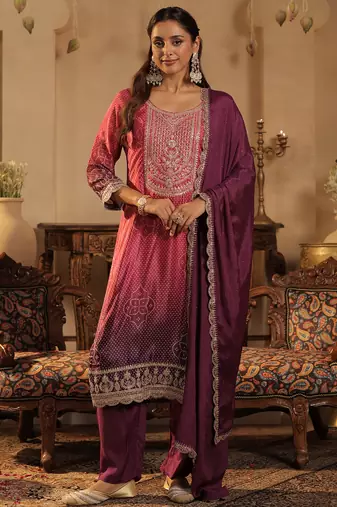 Purple silk blend embroidered kurta trouser dupatta set