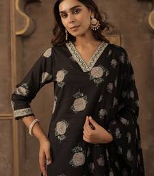 Black pure cotton printed kurta trouser dupatta set