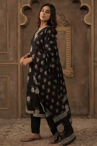 Black pure cotton printed kurta trouser dupatta set