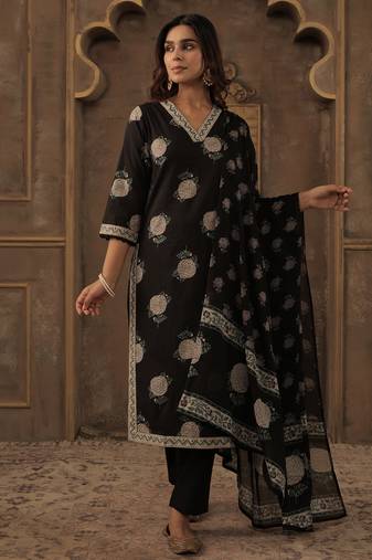 Black pure cotton printed kurta trouser dupatta set