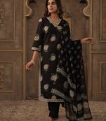 Black pure cotton printed kurta trouser dupatta set