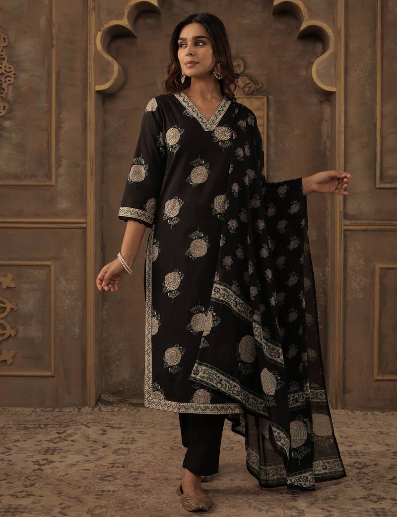 Black pure cotton printed kurta trouser dupatta set