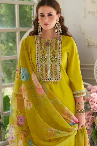 Mustard pure cotton embroidered kurta trouser dupatta set