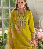 Mustard pure cotton embroidered kurta trouser dupatta set