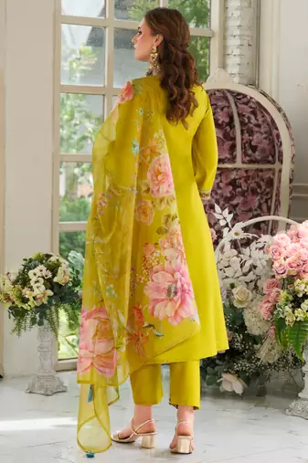 Mustard pure cotton embroidered kurta trouser dupatta set