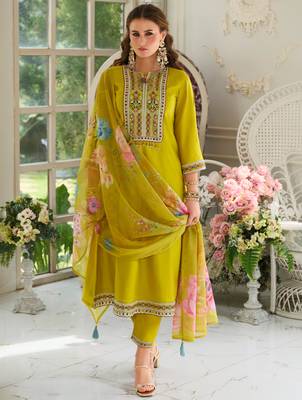 Mustard pure cotton embroidered kurta trouser dupatta set 3